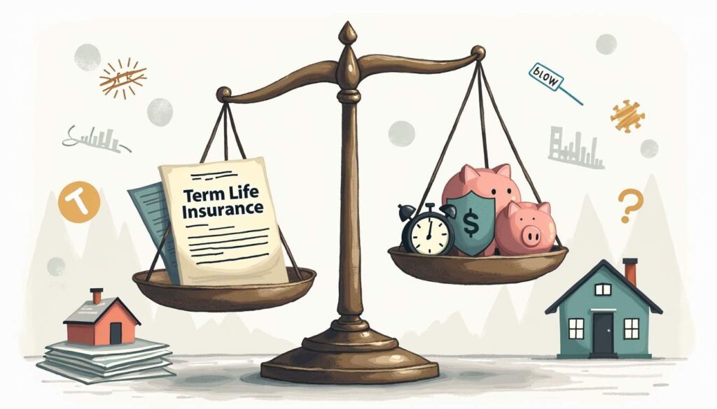 A balanced scale with a term life insurance policy on one side and various symbols representing pros (like a piggy bank and a shield) and cons (like a ticking clock and a question mark) on the other side